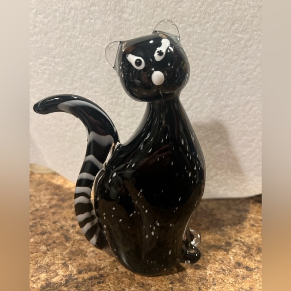 Vintage Murano Art Glass Cat Black Striped tail Applied eyes nose 8"h Italy - Picture 1 of 4
